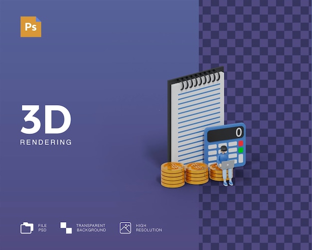 PSD concept de calcul d'entreprise 3d avec illustration de caractère d'homme d'affaires