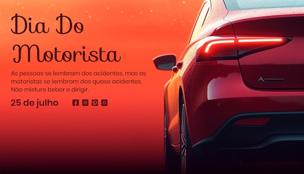 PSD le concept de dia do motorista est une vue latérale d'une voiture rouge sur toile sur un fond de texture rouge.