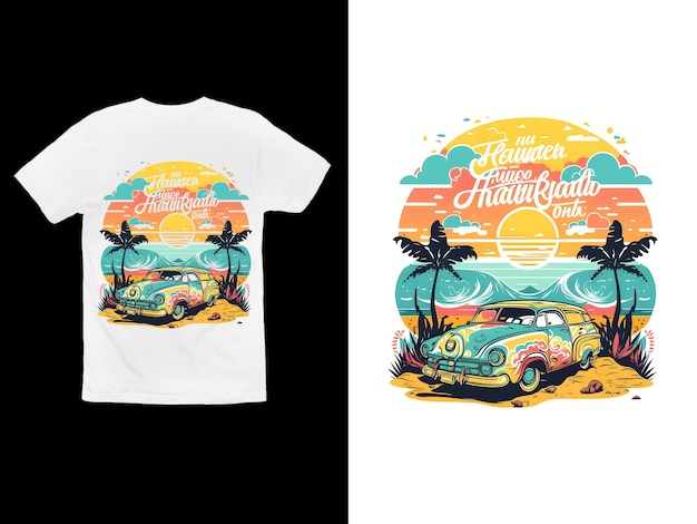 Conception de t-shirt pour une chemise hawaïenne avec une voiture vintage et des palmiers.