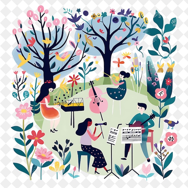 PSD concert de printemps avec des personnages jouant de la musique dans un jardin des png festival illustrations d'art plat 2d