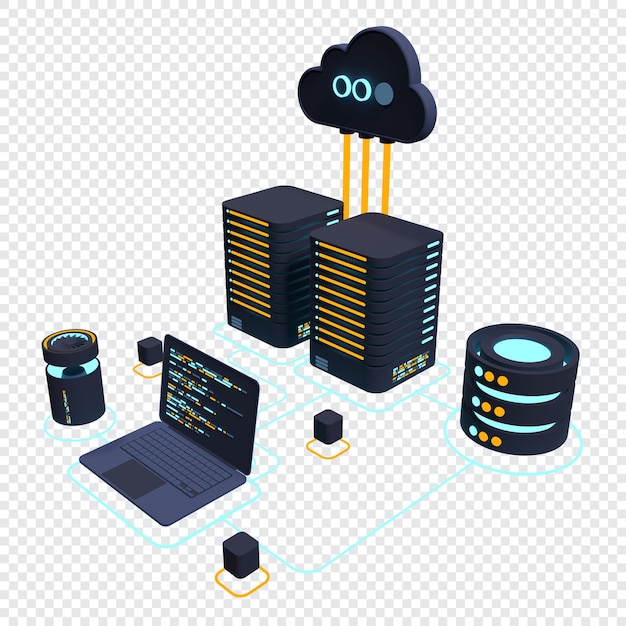 PSD concetto di cloud computing tecnologia moderna tecnologia cloud data center concetto isometrico tecnologia cloud 3d con datacenter web hosting concetto di rendering 3d