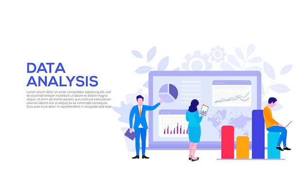 PSD concetto di progettazione di analisi dei dati con grafico delle persone e laptop illustrazione piatta