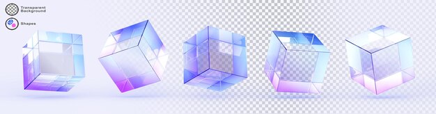 PSD conjunto 3d de ícones de renderização de cubos de vidro holográficos de luz de cristal formas de blocos geométricos transparentes abstratos com gradiente de holograma e efeito de dispersão objetos quadrados brilhantes isolados