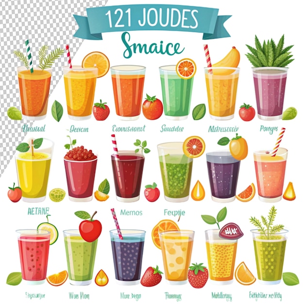 PSD conjunto de 12 ilustrações de suco de frutas em fundo transparente