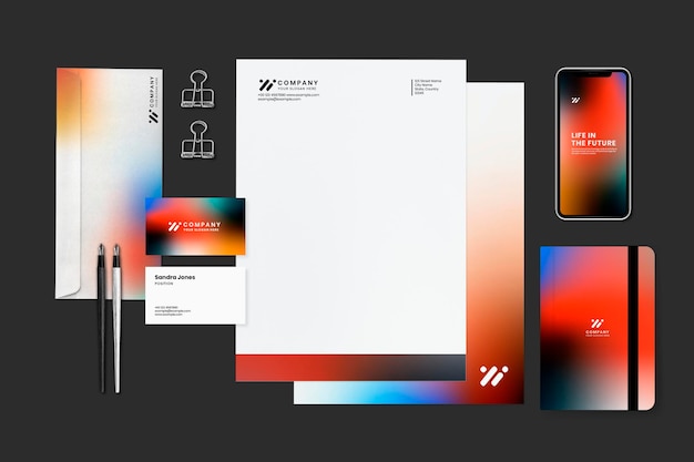 PSD conjunto de artigos de papelaria corporativos, mockup psd em estilo gradiente moderno