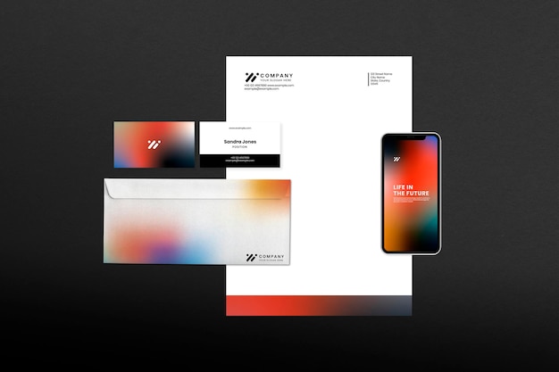 PSD conjunto de artigos de papelaria corporativos, mockup psd em estilo gradiente moderno