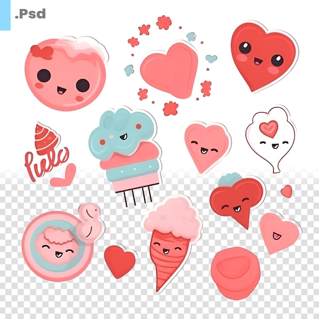 PSD conjunto de ícones de sorvete kawaii fofos modelo psd de ilustração vetorial