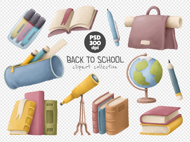 PSD conjunto de material escolar clipart