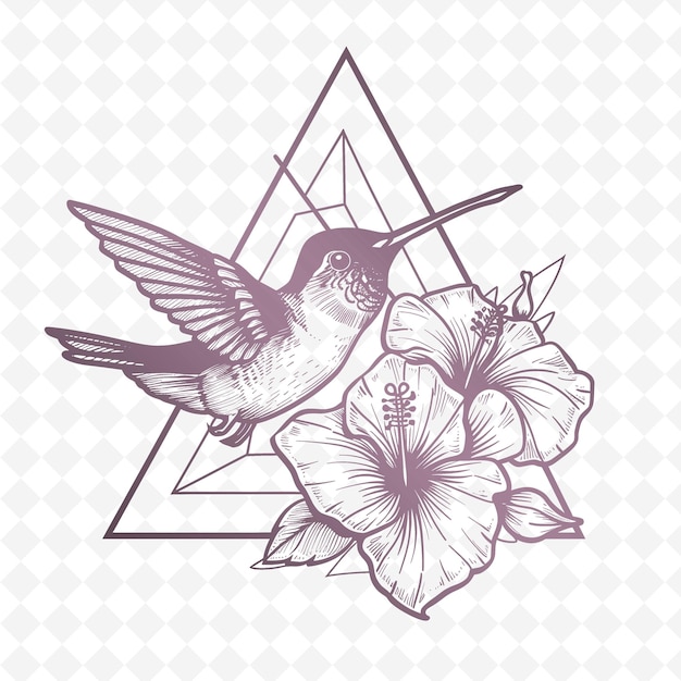 PSD contour d'oiseau colibri avec pétales d'hibiscus et simplifier le dessin contour animal et tropical