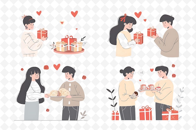 PSD les couples échangeant des cadeaux pendant la journée blanche le design est un caractère culturel d'illustration plate romantique