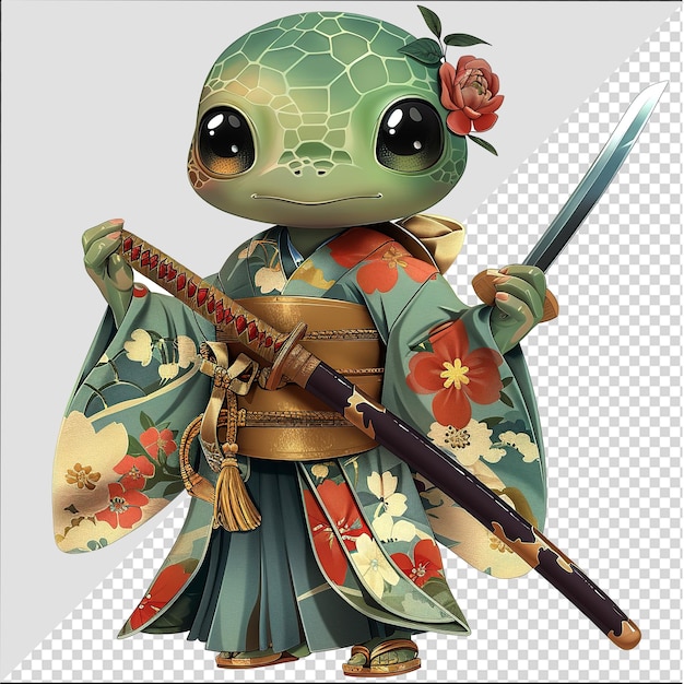 PSD courageux samouraï tortue personnage de dessin animé tortue samouraï guerrier brandissant l'épée