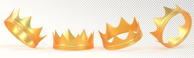 PSD les couronnes d'or pour le roi, la reine, le prince ou la princesse, les icônes de rendu 3d, les couronnes métalliques royales, la monarchie, l'empereur médiéval, le symbole du couronnement, l'ascension au trône, isolées sur le fond, l'illustration 3d.