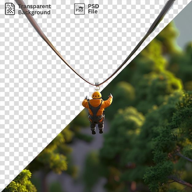 PSD une course de zipliner 3d à travers une forêt d'arbres verts sous un ciel bleu et gris