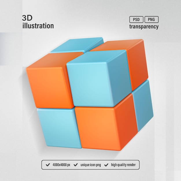 PSD cubo de rubiks colorido ativo do jogo de quebra-cabeça icon isolado renderização 3d ilustração