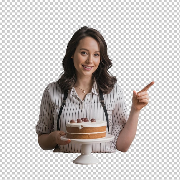 PSD cuisine femme avec gâteau une friandise sucrée préparée pointant vers le côté isolé sur transparent