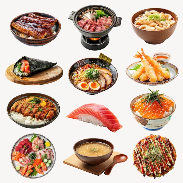 PSD cuisine japonaise variée, plats délicieux.