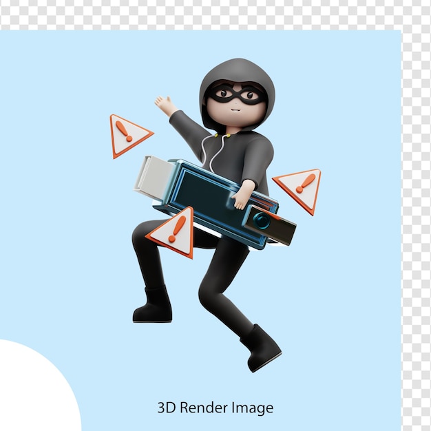 PSD cybercriminalité de personnage d'illustration 3d volant des données