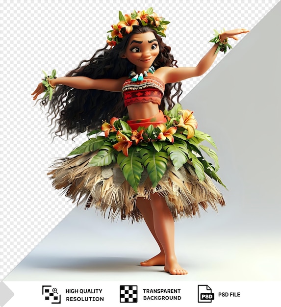 PSD danseuse de hula hawaïenne en 3d se balançant gracieusement avec une fleur d'orange et une feuille verte montrant des jambes nues