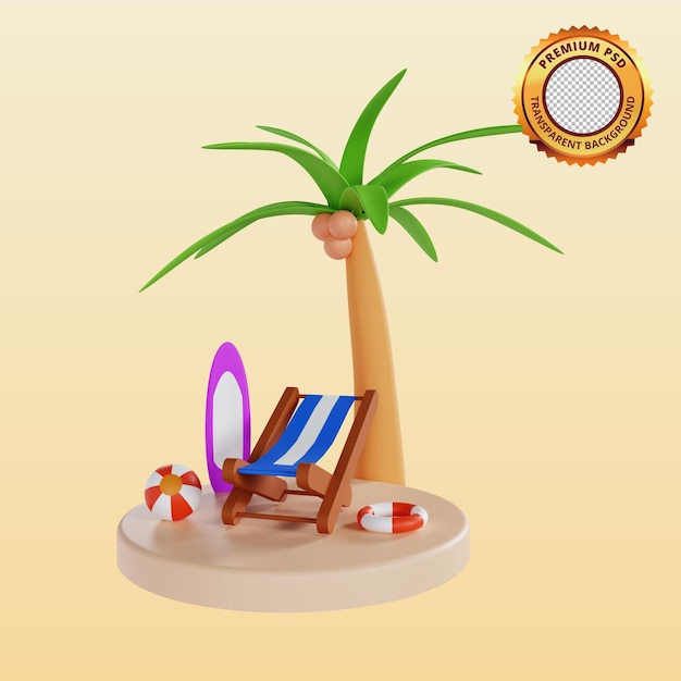 Deck de praia de verão e coqueiros ilustração 3D PSD Premium