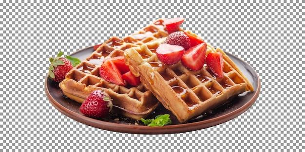 Deliciosos waffles crocantes servidos com fatias de morango em um prato com fundo transparente