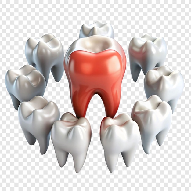 PSD une dent douloureuse au milieu de dents saines isolée sur un fond transparent