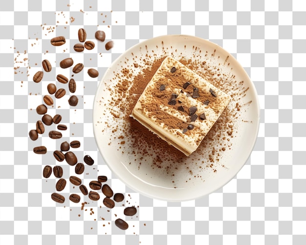 PSD désert de tiramisu sur une assiette blanche avec des grains de café sur un fond blanc