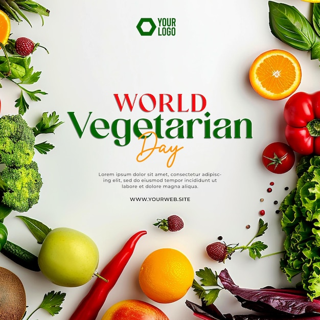 Design de cartaz do Dia Mundial do Vegetarianismo com fundo de legumes e frutas