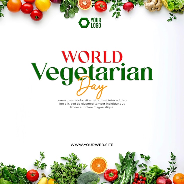 Design de cartaz do Dia Mundial do Vegetarianismo com fundo de legumes e frutas