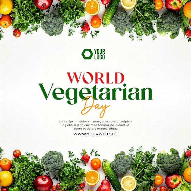 Design de cartaz do Dia Mundial do Vegetarianismo com fundo de legumes e frutas