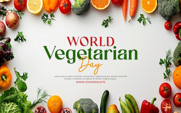 Design de cartaz do Dia Mundial do Vegetarianismo com fundo de legumes e frutas