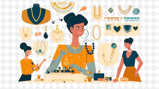 PSD designer de bijoux élégant avec des personnages concevant et fabriquant des personnes png dans l'illustration du travail quotidien