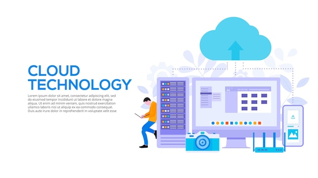 PSD designkonzept für cloud-technologien mit server-smartphone und mann flache illustration