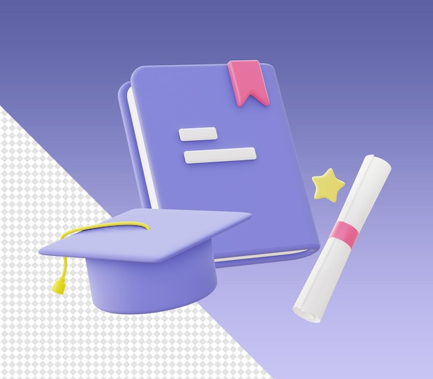 PSD le dessin animé 3d rend les icônes violettes de l'éducation et de la remise des diplômes pour la conception des médias sociaux de l'application mobile web ui ux