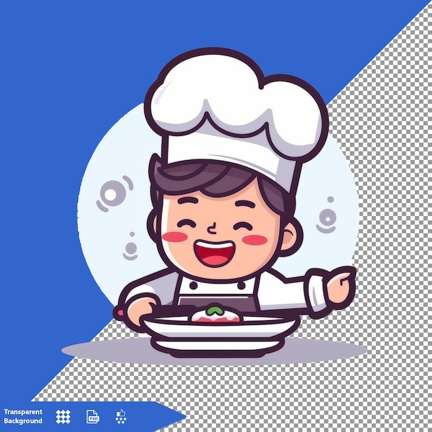 PSD un dessin animé d'un chef avec une casserole de nourriture devant lui