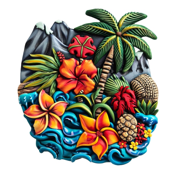 PSD un dessin d'une île tropicale avec des fleurs tropicales et des palmiers