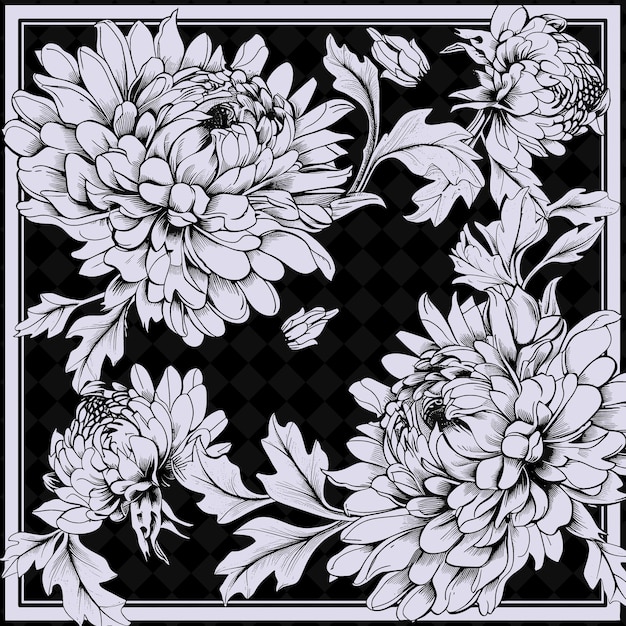 PSD un dessin en noir et blanc de fleurs avec les mots dahlia dessus