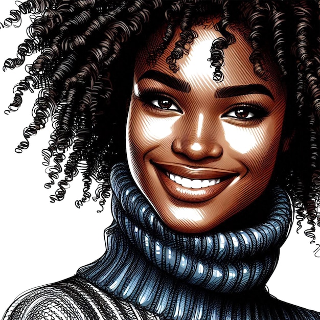 PSD dessin de portrait modèle féminine africaine posant souriante avec succès arrière-plan blanc