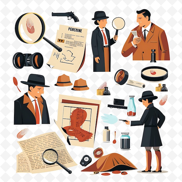 PSD detective characters solving a mystery design is noir e su flat illustration festival theme art