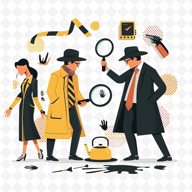 PSD detective characters solving a mystery design is noir e su flat illustration festival theme art