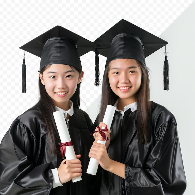 PSD deux étudiants asiatiques avec casquette et robe de graduation et diplôme