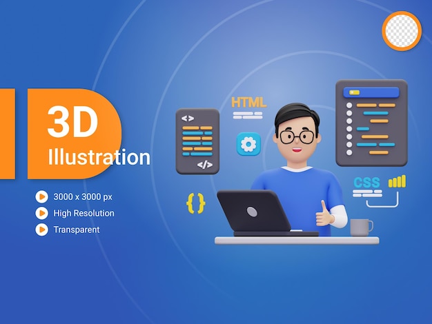 PSD développeur de site web 3d travaillant sur l'illustration d'un ordinateur portable