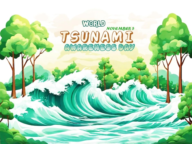 PSD dia mundial de conscientização sobre os tsunamis desenho de bandeira ondas atingindo a natureza