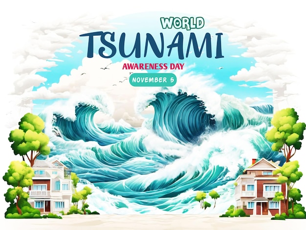 PSD dia mundial de conscientização sobre os tsunamis desenho de bandeira ondas atingindo casas e natureza