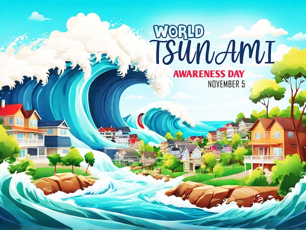 PSD dia mundial de conscientização sobre os tsunamis desenho de bandeira ondas atingindo casas e paisagens de edifícios