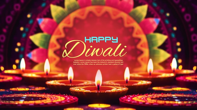 PSD disegno del modello di sfondo di happy diwali con lampada decorativa diya