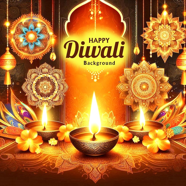 Disegno del poster del festival indiano di Diwali con Rangoli e lampada ad olio pendente