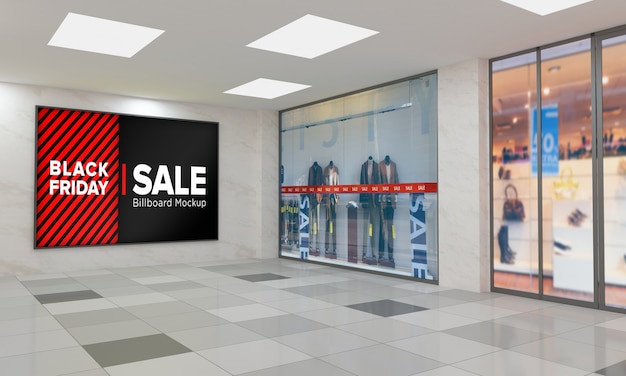 PSD display schild an der wand modell im einkaufszentrum mit black friday sale banner