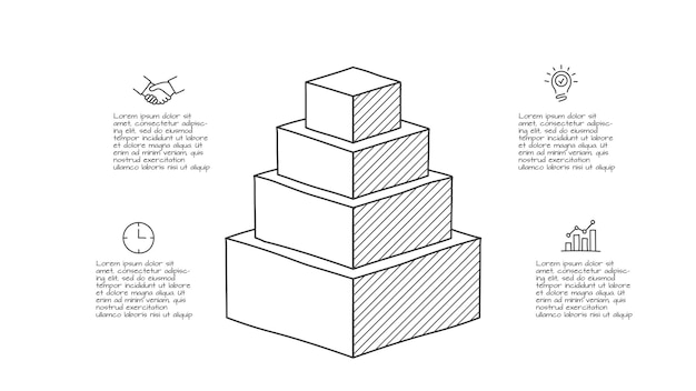 PSD doodle infográfico pirâmide com 4 opções ícones desenhados à mão ilustração de linha fina