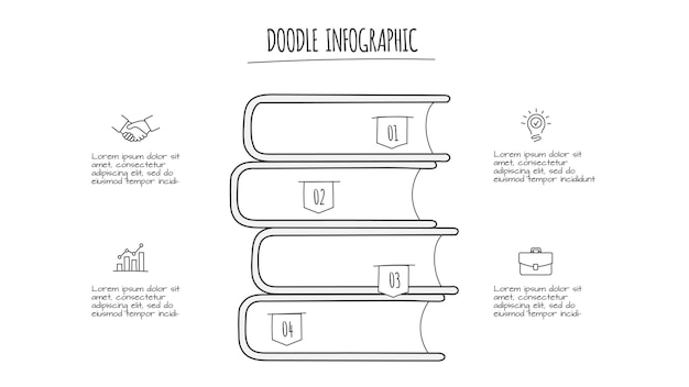 PSD doodle livres infographique avec 4 options icônes dessinées à la main illustration éducative modifiable