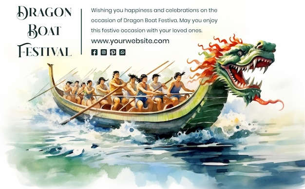 PSD dragon boat festival aquarellkonzept ein boot, das mit einer drachenskulptur in einer wasserlandschaft geschmückt ist